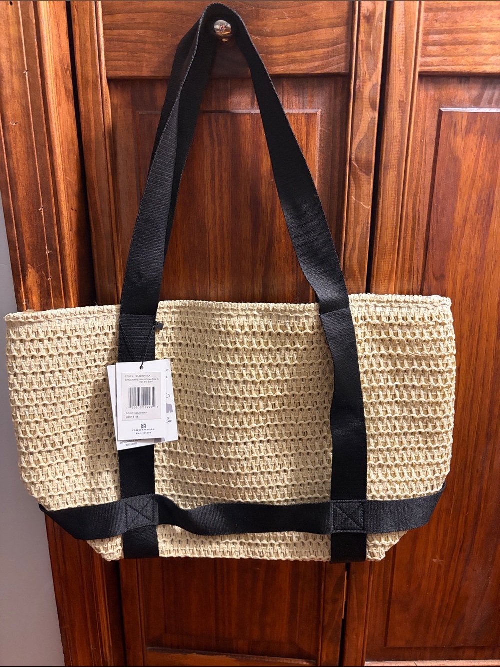 BRAND NEW ‘Beach’ Straw Woven Tote Bag with Black Straps